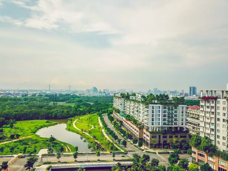 High angle view buildings against sky