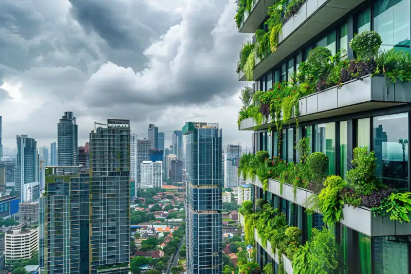 modern urban skyline with lush vertical gardens green balconies showcasing sustainable